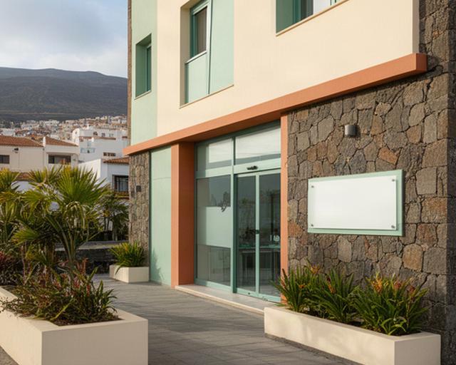 Fachada de un despacho jurídico en CV-1, San Sebastián de La Gomera, con acceso profesional y entorno urbano canario